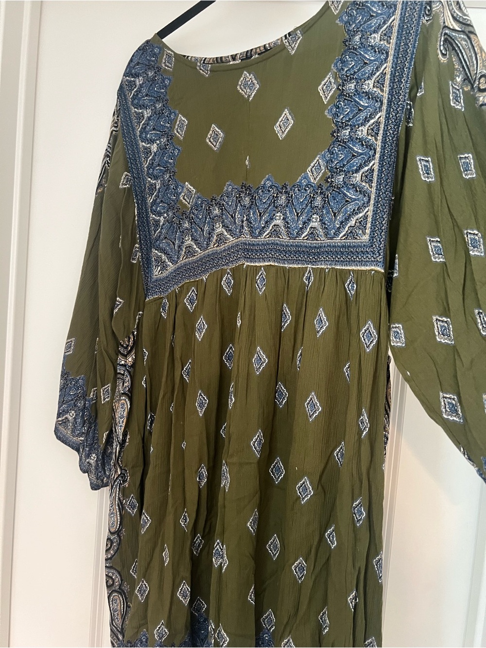 Angie Olive Green Maxi Dress with Blue Embroidered Yoke